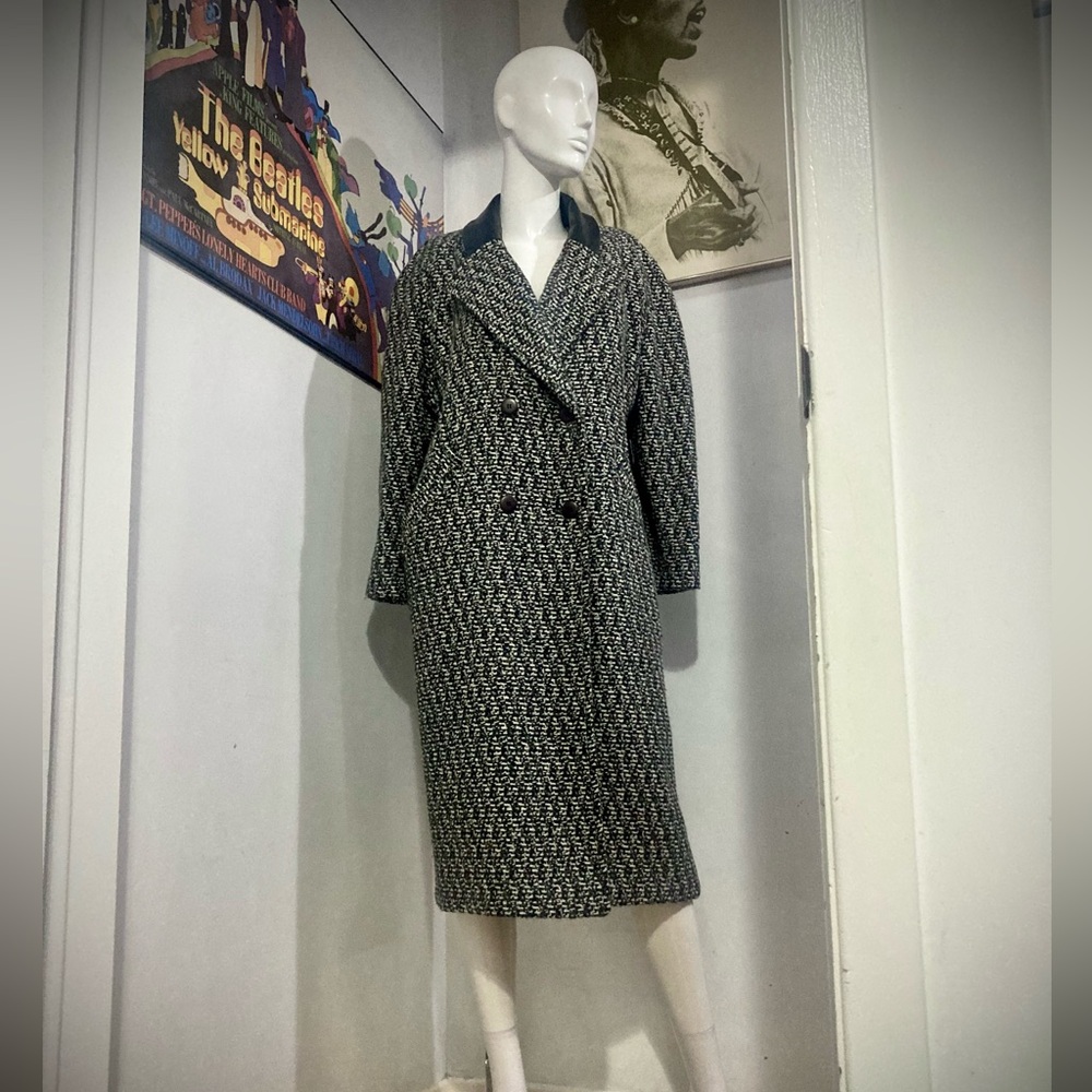 Le Amiche - Vintage 1980s Italian Wool and Leather Black and White Maxi Coat